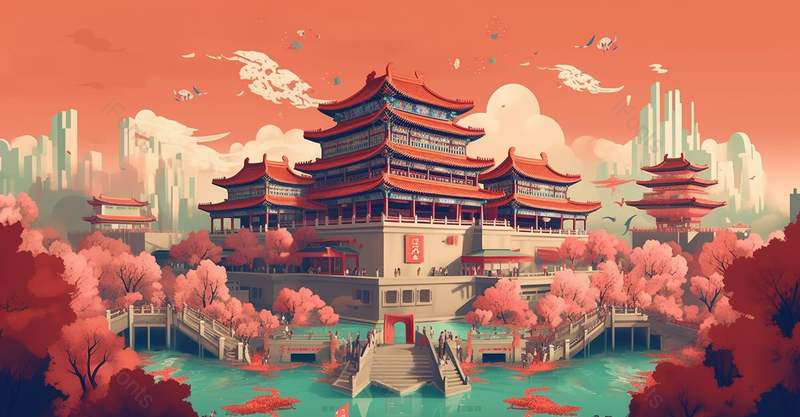 湖泊桥梁护城河红色渐变大气国潮风插画故宫远山祥云,插画/手绘图,插画/手绘图库,插画/手绘图下载,插画/手绘